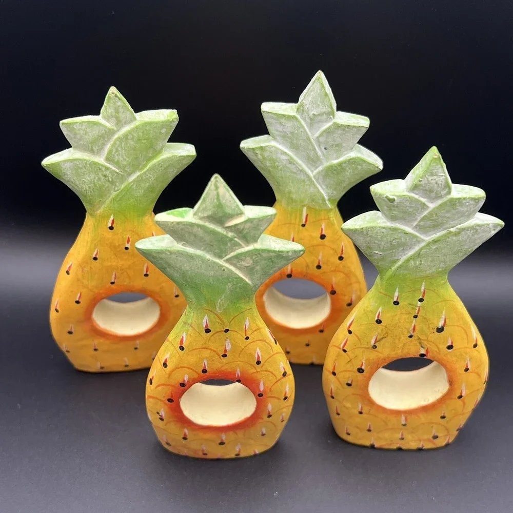 Pineapple & Banana Leaf Wood Napkin Rings Hand-Painted Set of 7 ~ Indonesia